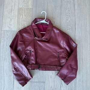 Burgundy cropped leather jacket